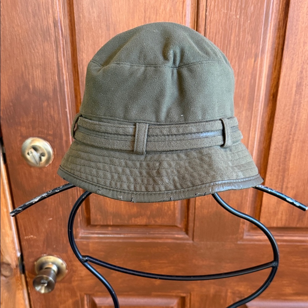 Betmar New York Mens Olive Green Fleece Bucket Hat Faux Leather Trim Vintage